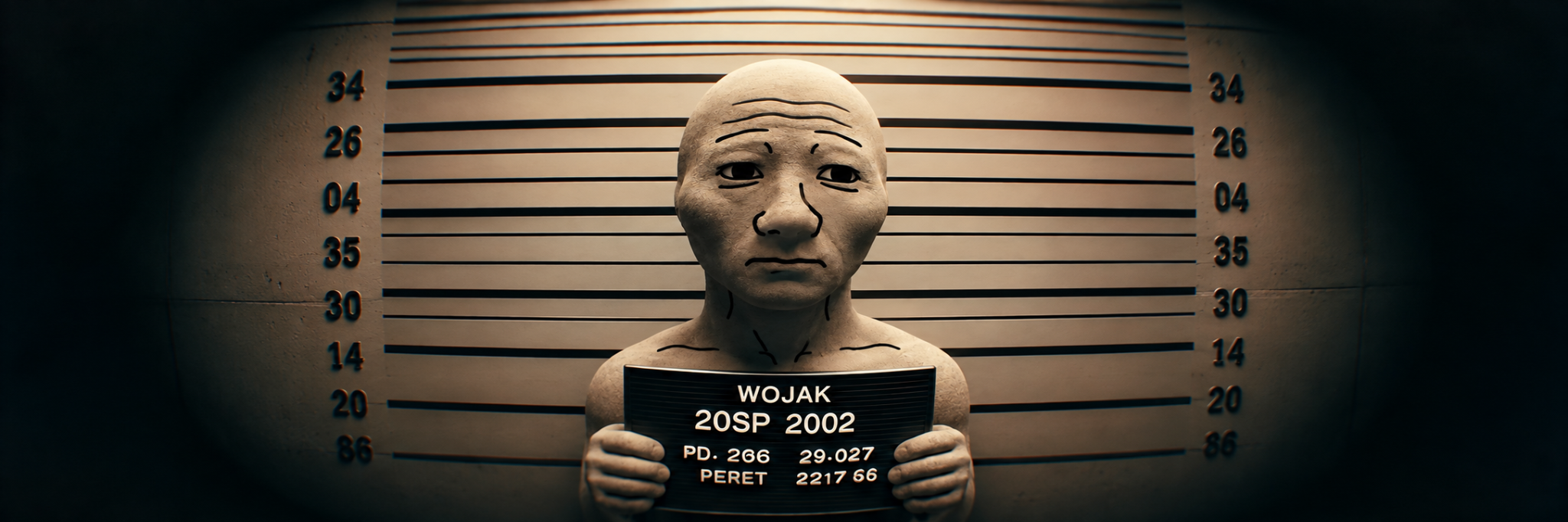 Complete original wide Wojak mugshot with booking board and lineup wall