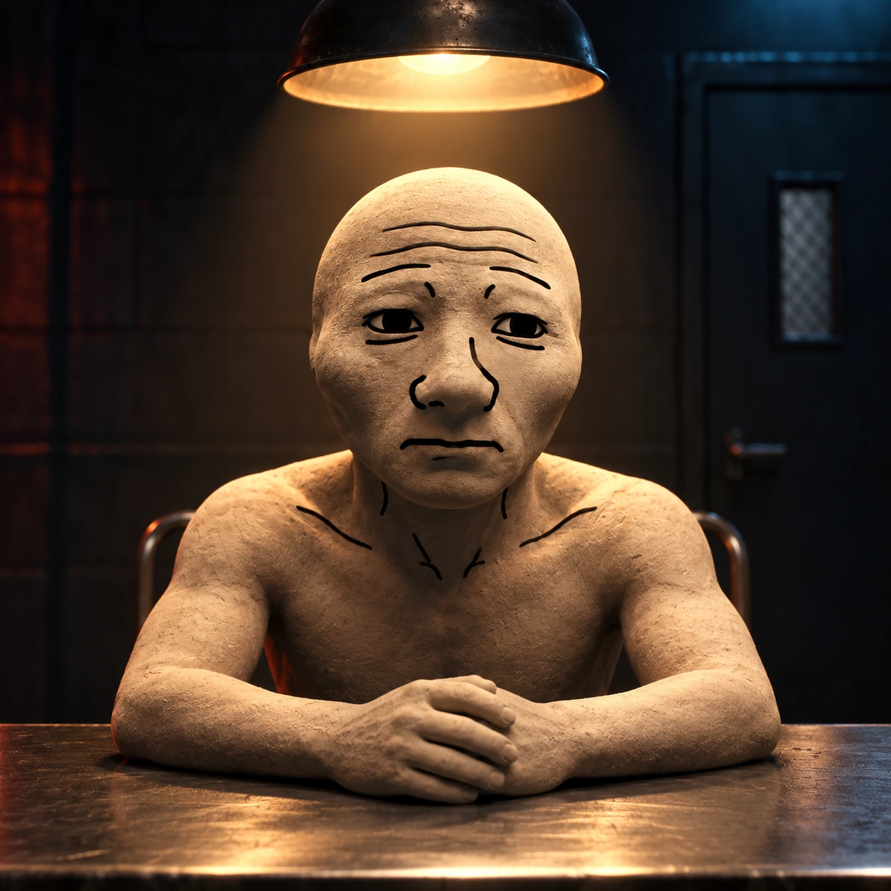 Wojak alone at a metal interrogation table under a hanging lamp