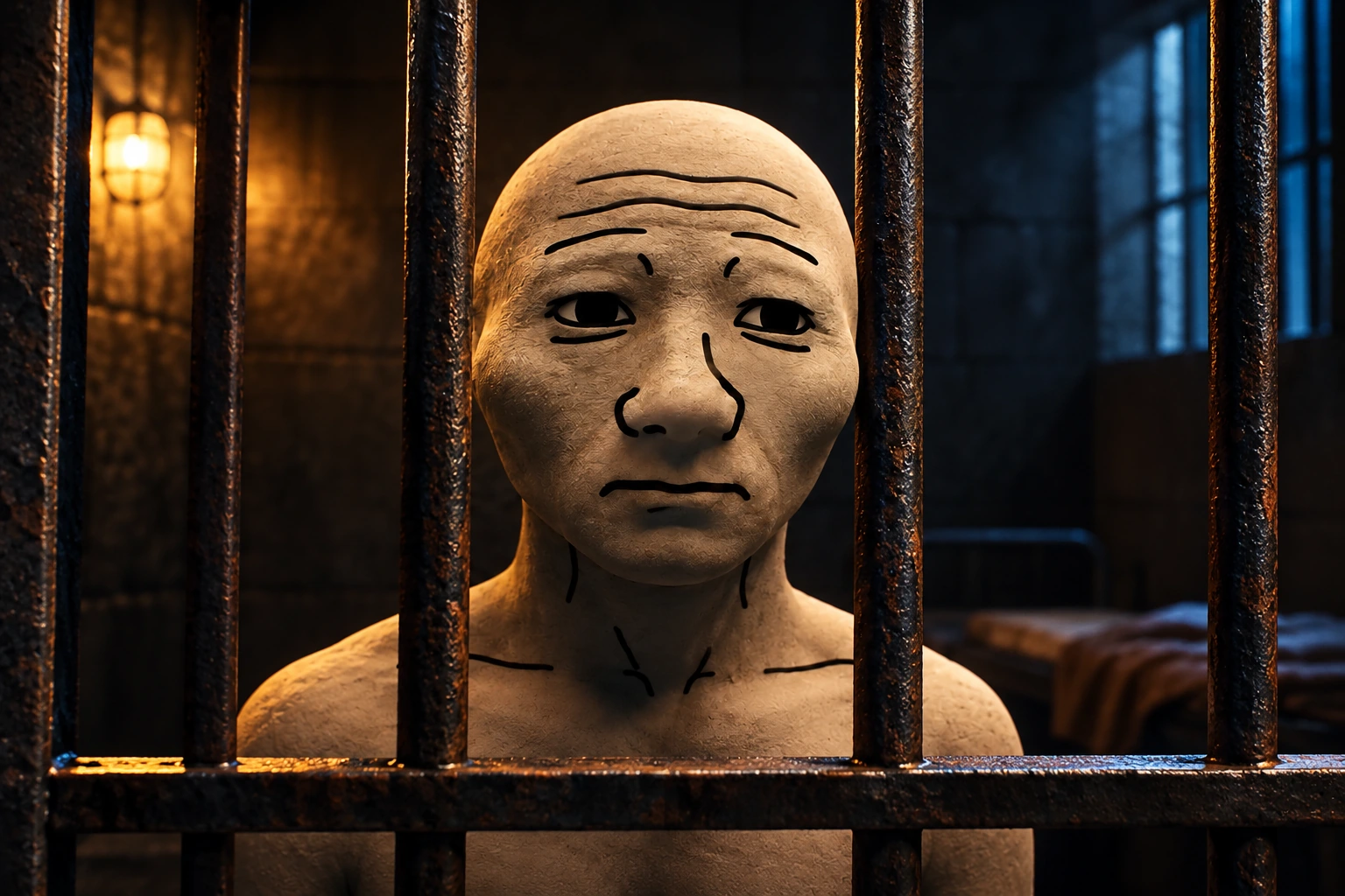 The same weary Wojak seen behind metal prison bars in warm light