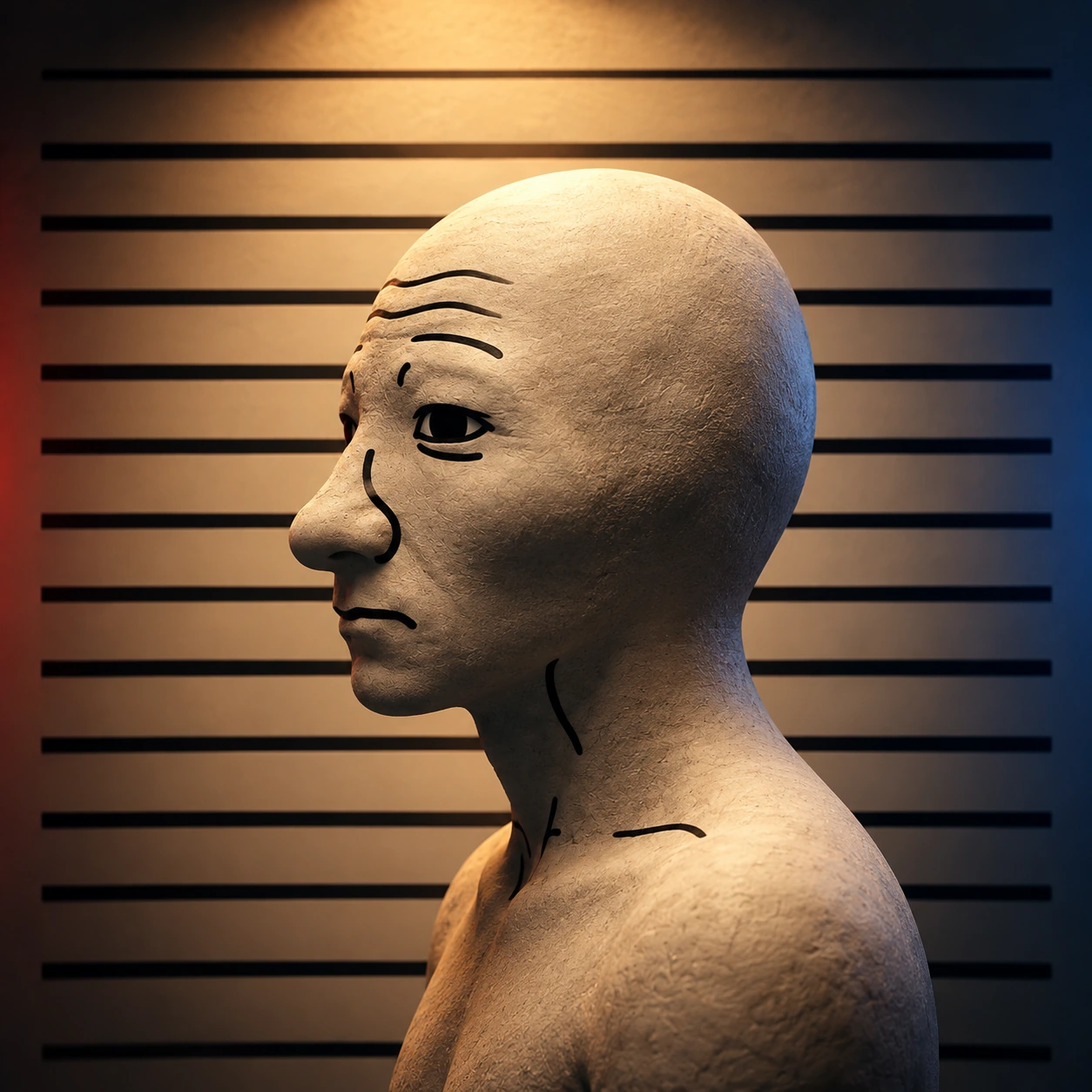 Side profile portrait of the same bald Wojak against a plain lineup wall