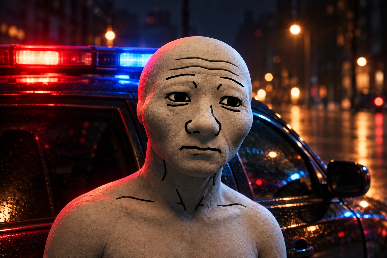 Wojak alone beside a police car at night under red and blue lights