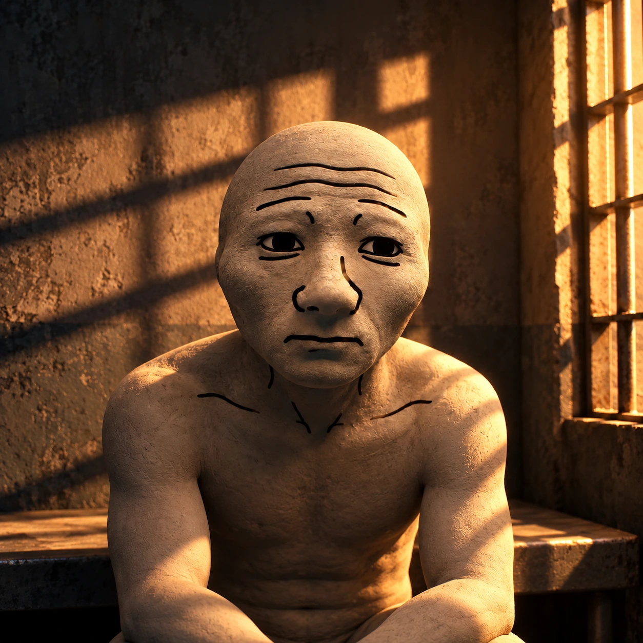 Wojak sitting alone on a cell bench with bands of sunlight through the bars