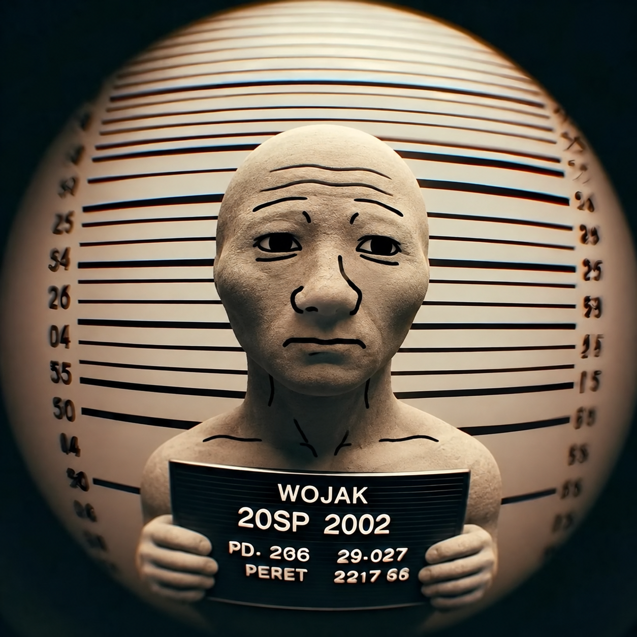 Original bald clay Wojak holding a booking board in front of a lineup wall